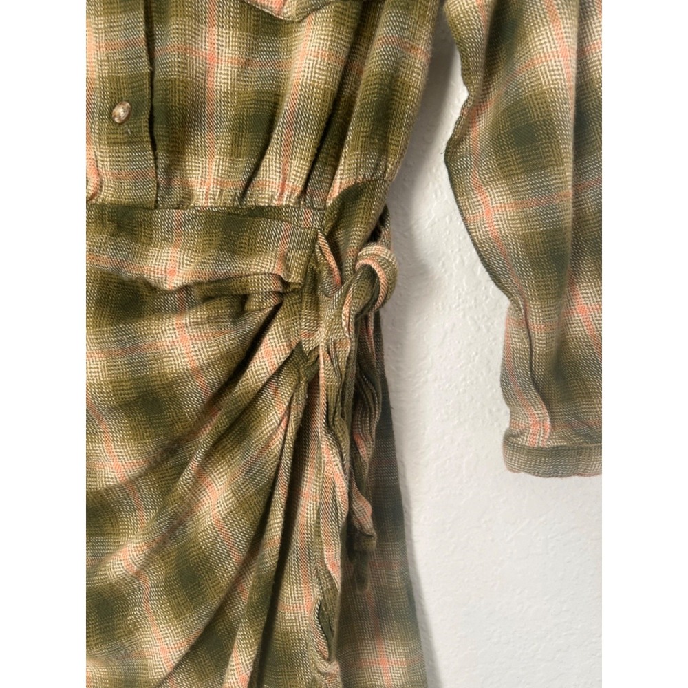 Zara Plaid Shirt Dress Size 13 Green Pink Ecru Tie Waist Detail Button Front - Picture 5 of 13